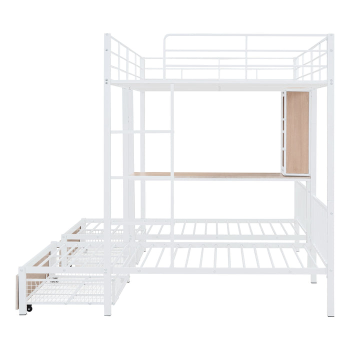 Triple Bunk Bed With Drawers, Multi-Functional Frame With Desks And Shelves In The Middle