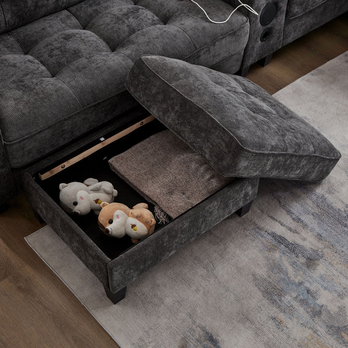 Modern Sectional Sofa U-Shaped With Movable Ottomans, Bluetooth Speakers, LED Lights And Modular Storage