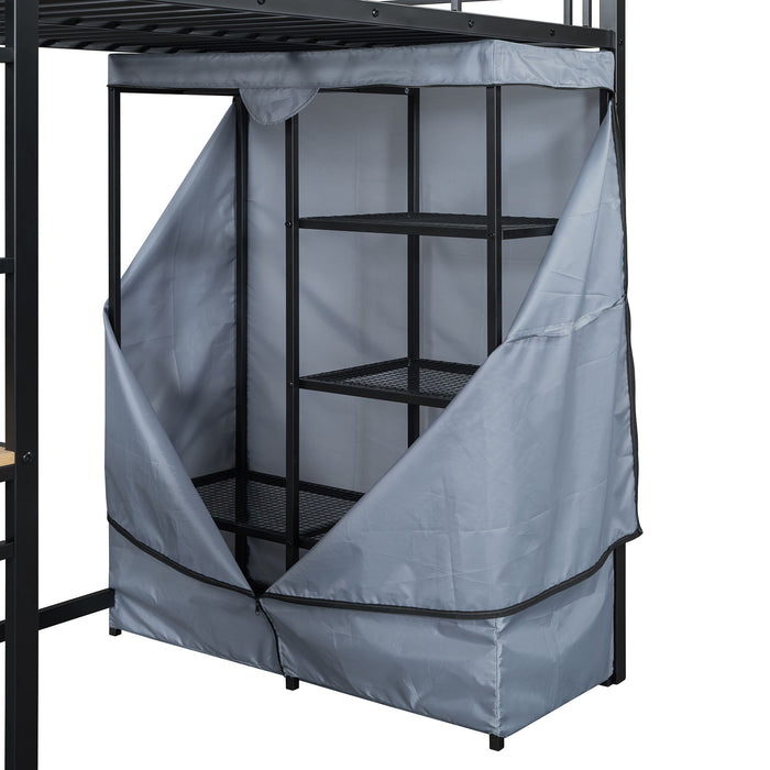 Loft Bed With Desk, Shelves, Power Outlet, LED Light And Wardrobe