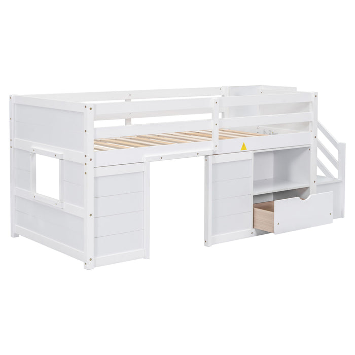 Low Loft Bed With Stair, Drawer, And Shelf