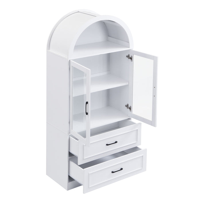 Arched Top Storage Cabinet With Fixed 2 Tier Shelves, 2 Large Drawers
