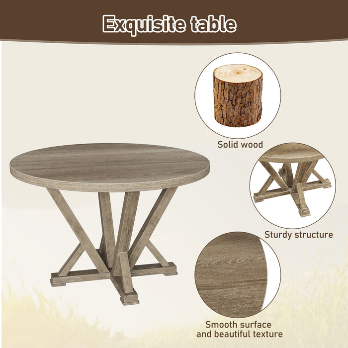 5 Pieces Table Set Round Dining Table Solid Wood Modern Farmhouse Rustic Look Distressed Look - Grayish Brown