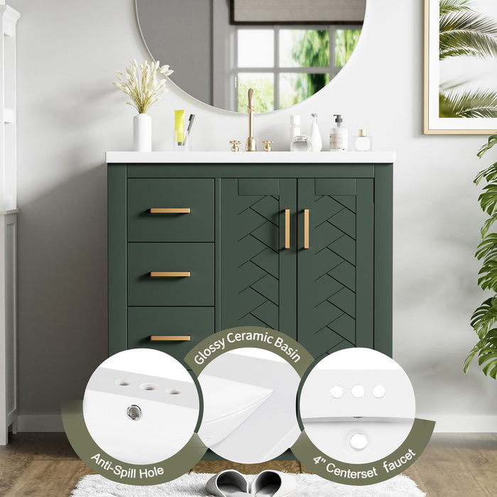 Ceramic Sink Combo, Freestanding Vanity Set With 3 Drawers & Soft Closing Doors