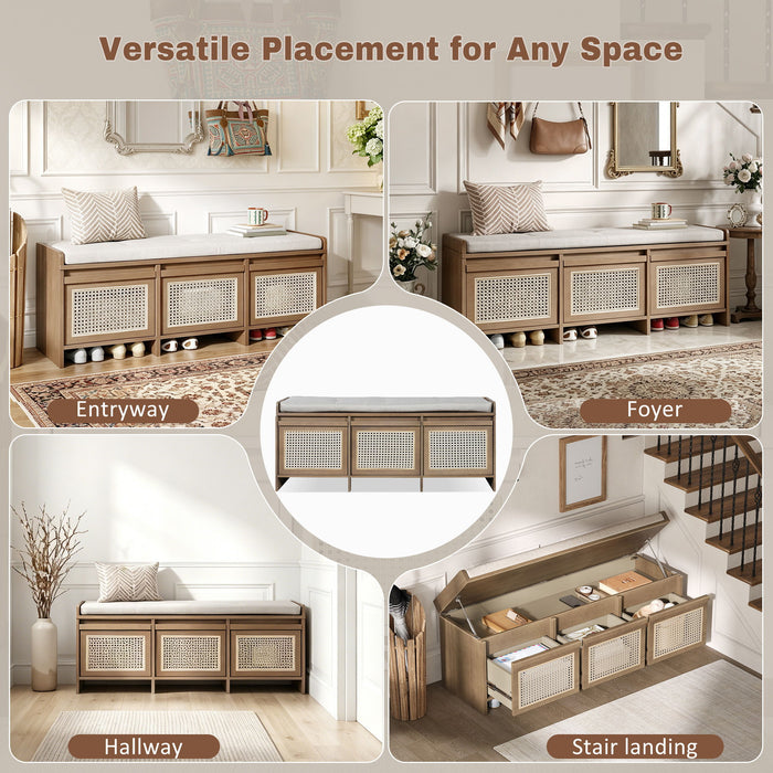 Entryway Shoe Bench With Drawers & Button Tufted Cushion