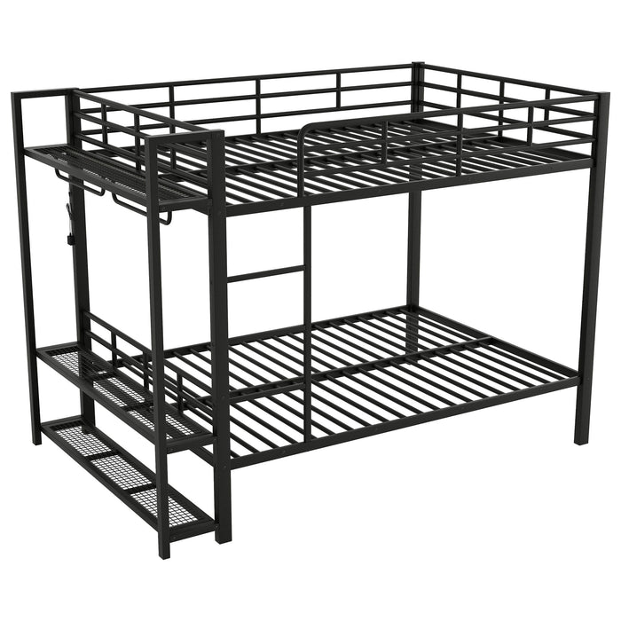 Bunk Bed With Storage Mesh Shelves, Clothes Hooks, LED Light