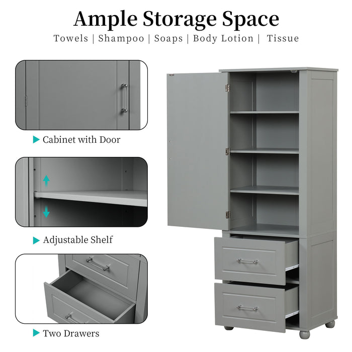 Tall Freestanding Bathroom Storage Cabinet With 2 Drawers And Adjustable Shelf