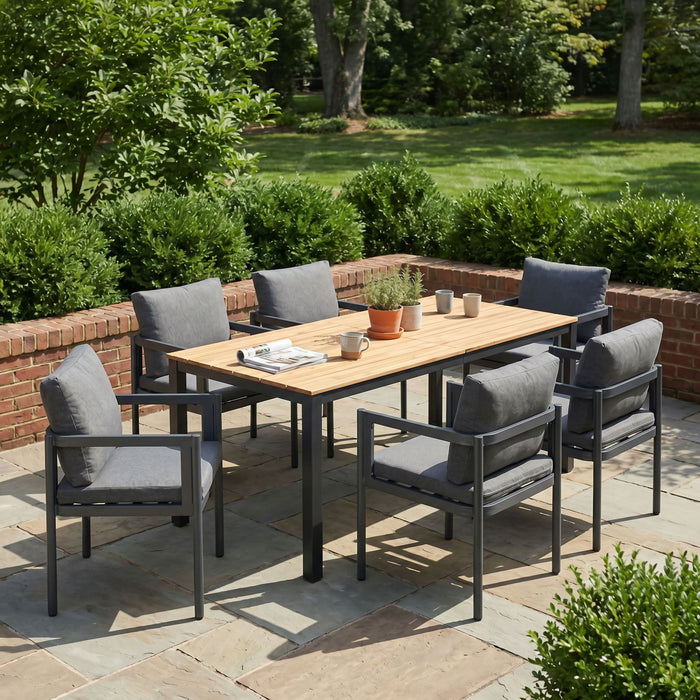 7 Piece Outdoor Dining Set With Table And 6 Chairs - Black / Gray / Teak