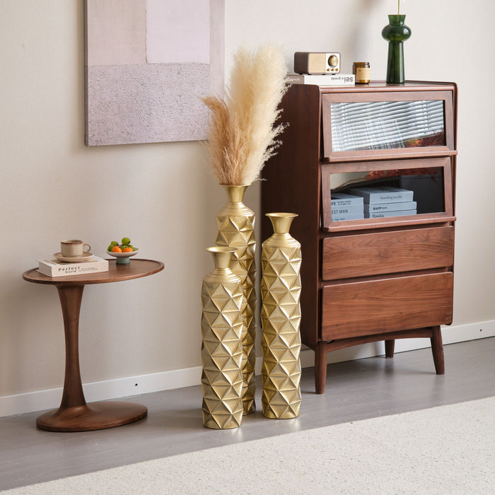 Metal Decorative Vase High Distress Metal Center Vase With 3D Triangle Pattern, (Set of 3) Vases For Home Decoration - Gold