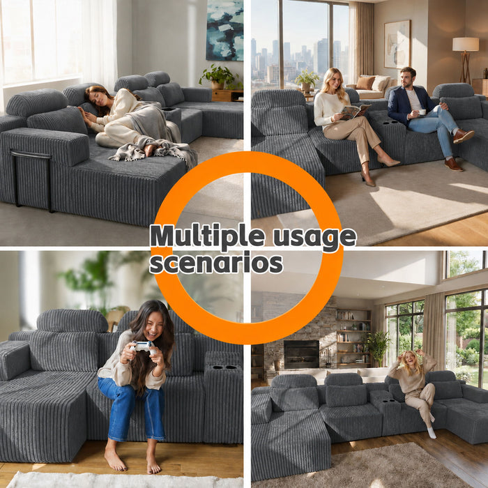 U-Shaped Sectional Sofa With Chaise Lounge And Cup Holders