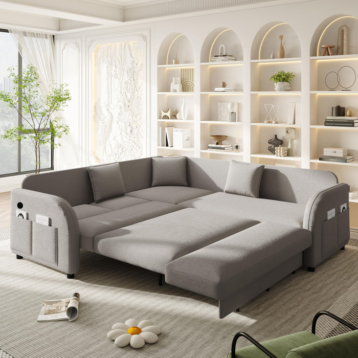 L-Shaped Couch With Pull-Out Bed, Oversize Convertible Sleeper Sofa With Side Pocket & USB Port