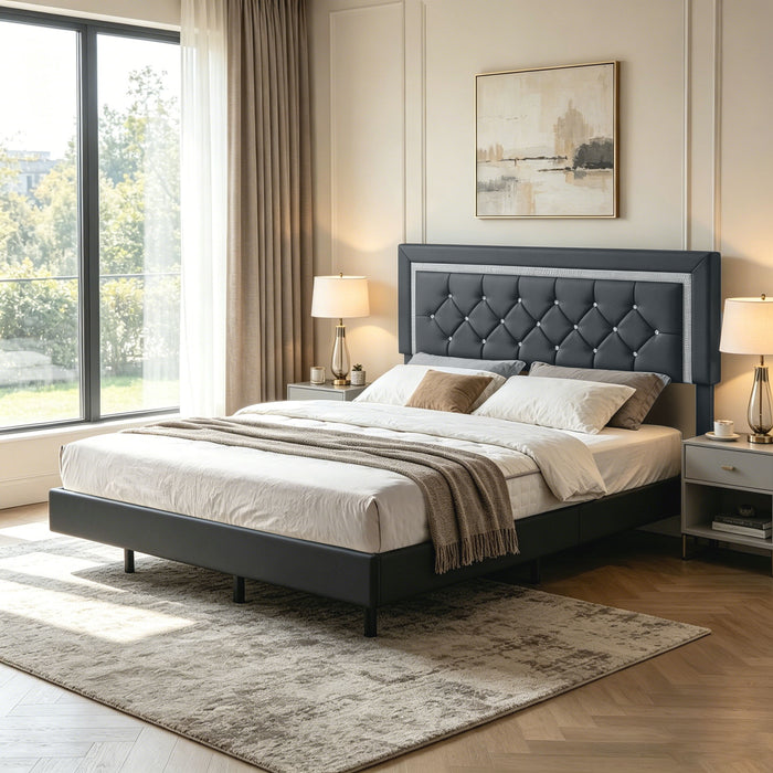 Platform Bed Frame With Adjustable Upholstered Headboard, RGB LED Lights, No Box Spring Needed