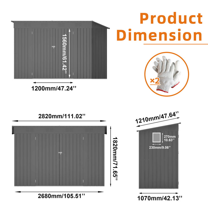 Outdoor Storage Shed, Tool House With Sloping Roof, 6 Vents And 2 Swing Doors For Backyard - Gray