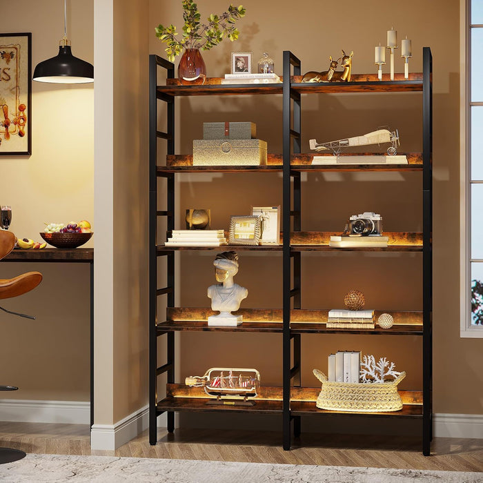 5 Tier Double Wide Bookshelf For Living Room - Rustic Brown