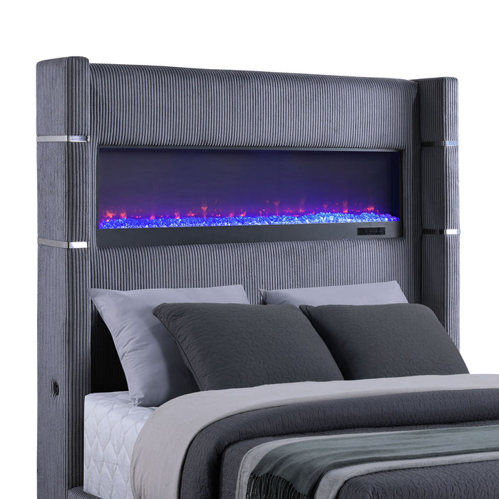 Haven - Upholstered Queen Bed With Integrated Flame Box - Gray