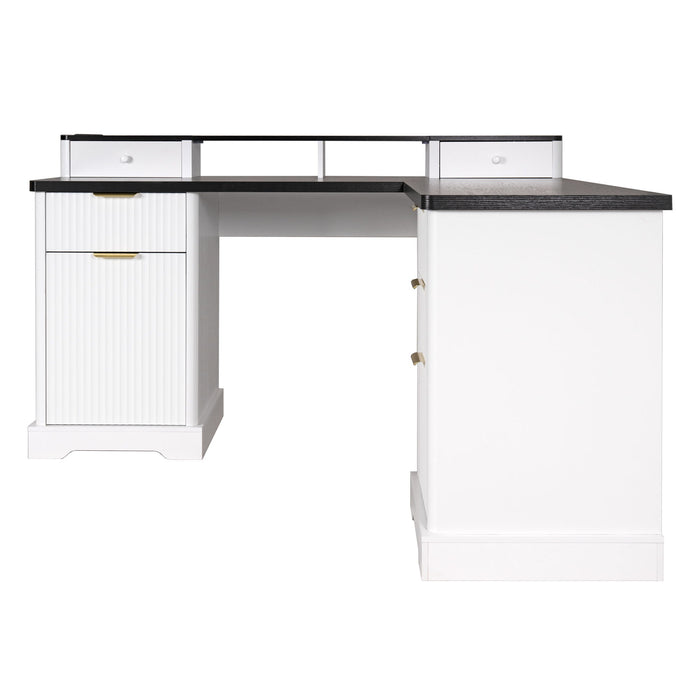 Fluted L-Shaped Desk With Charging Station & Storage Cabinet