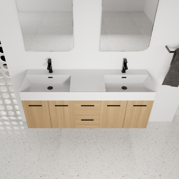 Floating Double Sink Bathroom Vanity With Drawers And Doors, Extra Large Storage, Integrated Sink, Soft Close Hardware - Glossy White / Light Oak