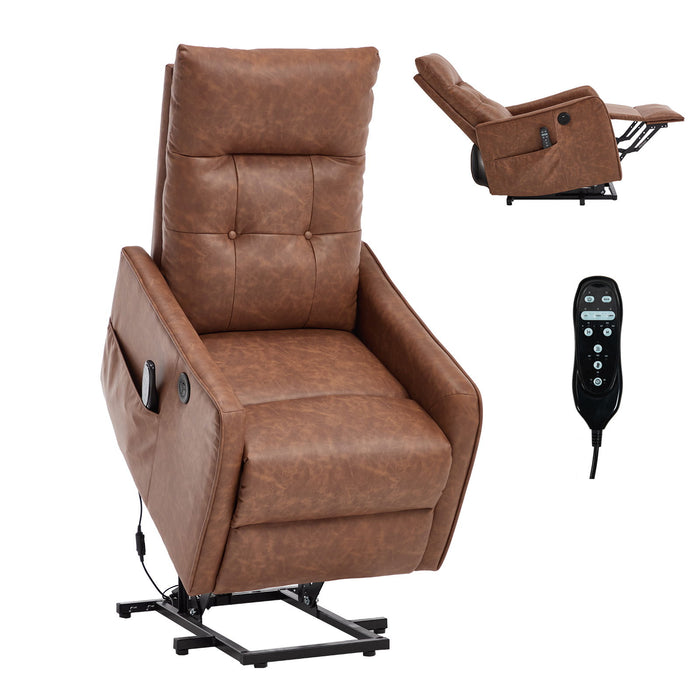 Single Motor Power Lift Recliner Chair With Massage And Heat, USB For Charging - Brown