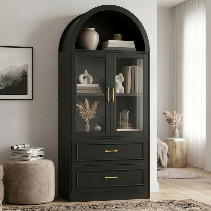 Arched Top Storage Cabinet With Fixed 2 Tier Shelves, 2 Large Drawers