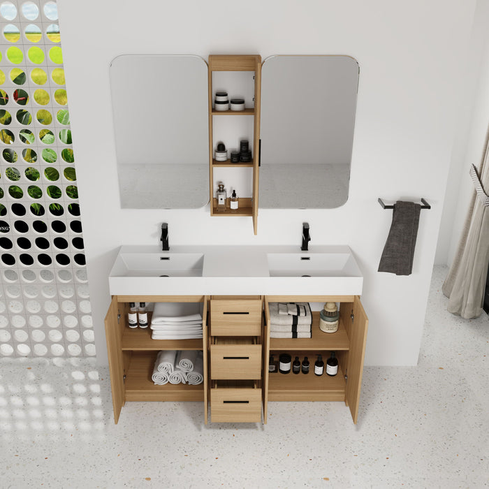 Double Sink Bathroom Vanity Set With Tall Linen Cabinet, 3 Drawers, Extra Large Storage, Integrated Sink, Freestanding Cabinet - Light Oak / White