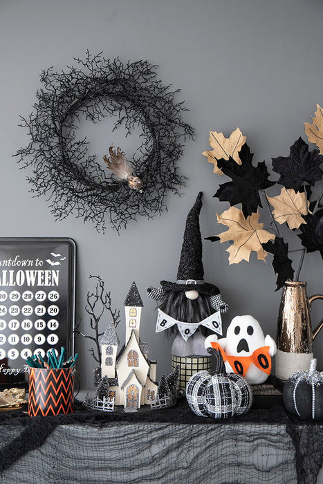 Cardboard Lighted Haunted House, Tabletop Holiday Halloween Decor, Battery Powered - Beige / Black