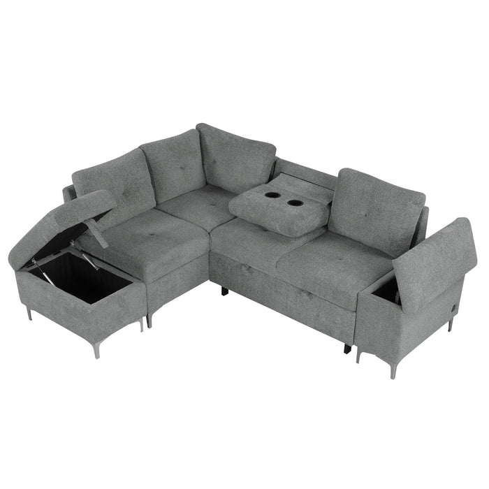 Versatile L Shaped Sofa Bed With Storage, Cup Holders, USB Ports Chenille