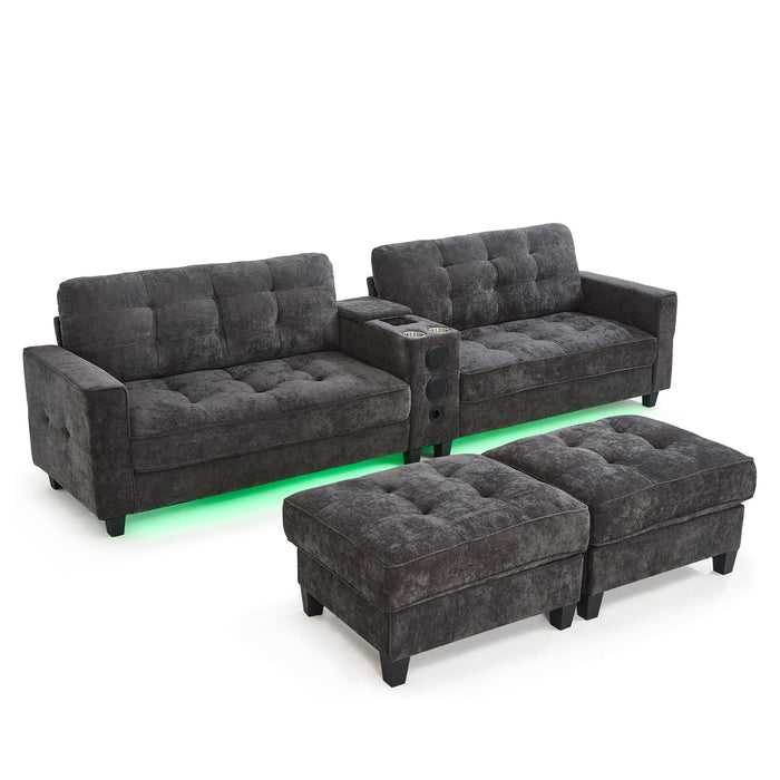Modern Sectional Sofa U-Shaped With Movable Ottomans, Bluetooth Speakers, LED Lights And Modular Storage