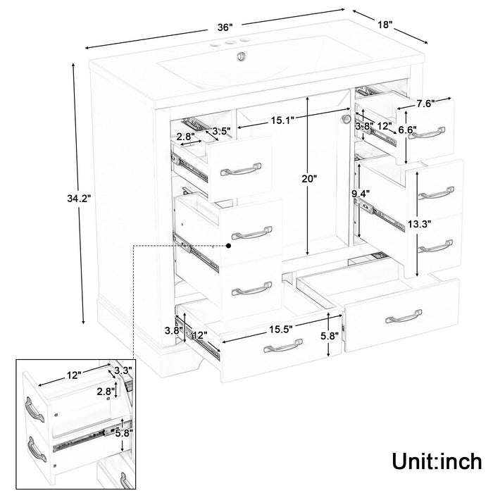 Modern Bathroom Vanity With Sink, 6 Drawers, Adjustable Shelf