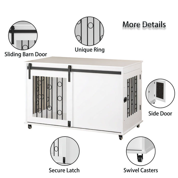Dog Crate With Sliding Barn Door And Side Access, Lockable Wheels For Small To Medium Dogs - White