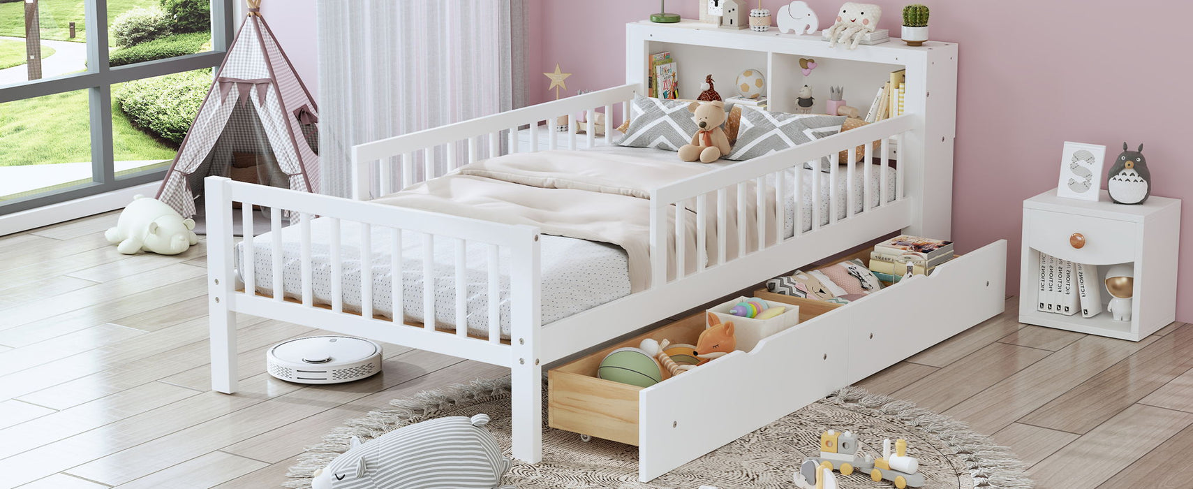 Bed With Headboard Storage Rack, 2 Under Bed Drawers, 3 Side Guardrails For Safety