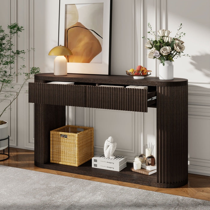 Oval Fluted Console Table With 2 Drawers And Bottom Shelf