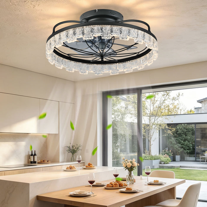 Ceiling Fan With Light, Flower Caged Ceiling Fan With Remote, LED Low Profile Ceiling Light - Matte Black