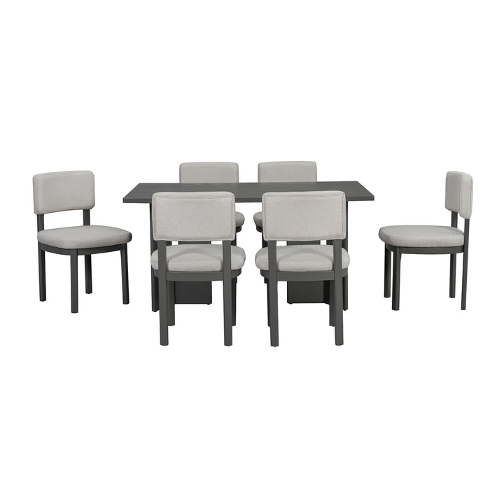 Dining Table Set With 6 Upholstered Chairs, Rectangular Table With Cutout Legs