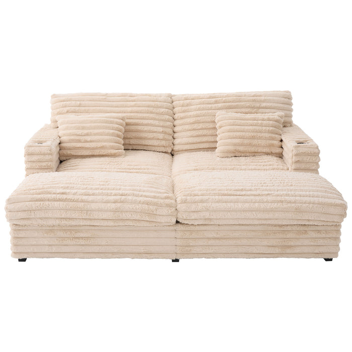 Oversized Double Chaise Lounge Sofa With USB Ports And Cup Holders