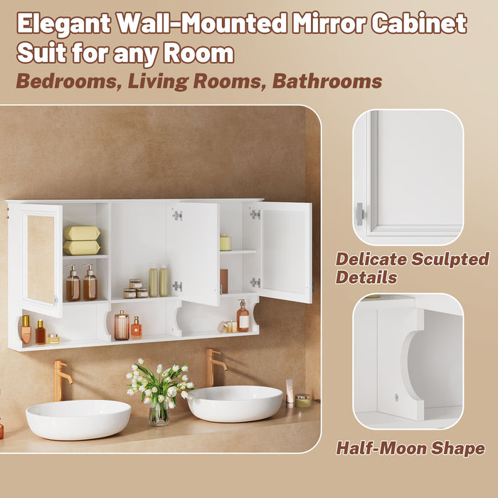 Wall-Mounted Mirror Medicine Cabinet With Adjustable Shelf And Open Shelves, Bathroom Storage Cabinet Over Toilet - White