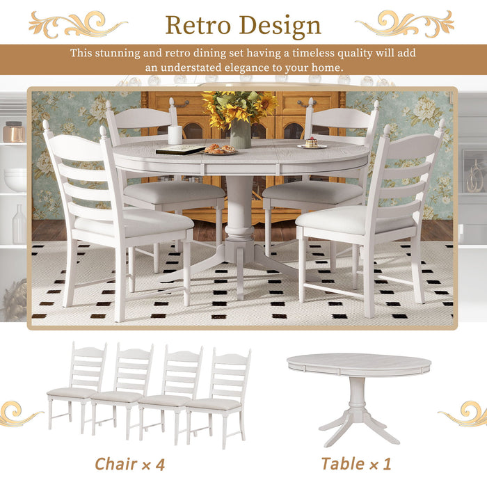 5 Piece Retro Functional Dining Table Set With Extendable Round Table And Upholstered Chairs
