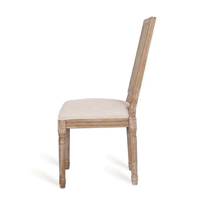 French Country Dining Chair With Rectangular Cane Backrest And Smooth Upholstered Seating