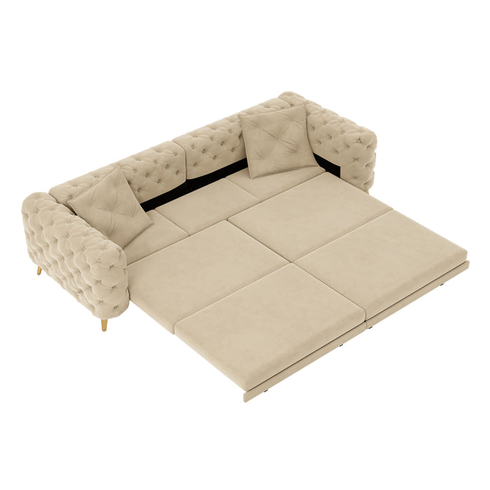 3 In 1 Convertible Sleeper Sofa, Pull Out Bed, Button Tufted, 4 Seater Couch With Movable Ottoman For Apartment - Apricot