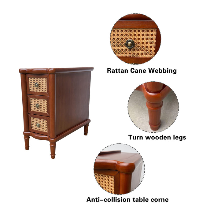 Narrow Side Table With 3 Drawers, Nightstand For Bedroom - Walnut