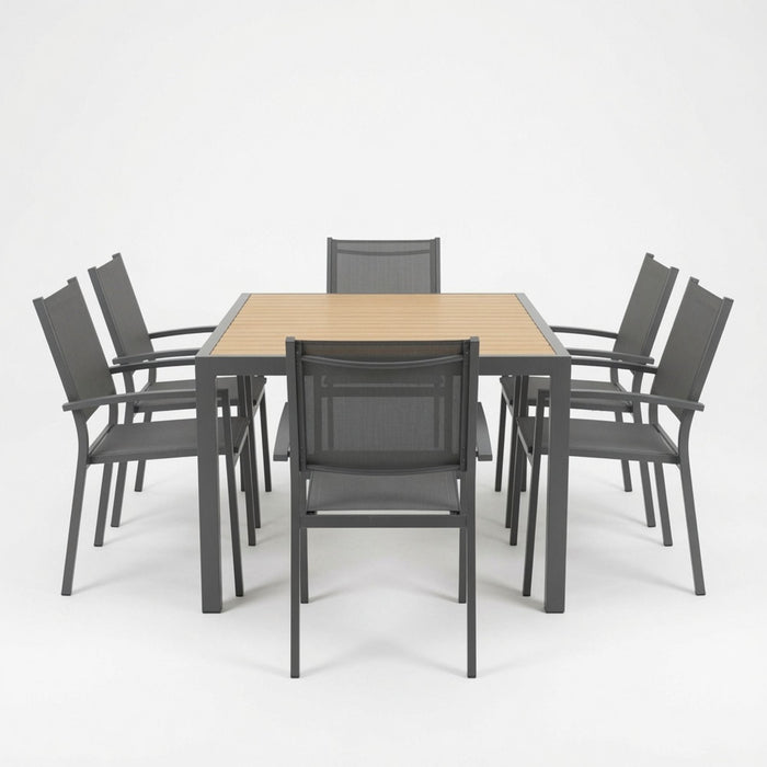 7 Piece Gray Patio Dining Set With Hdps Table And Textilene Chairs For Outdoor Use, Metal Furniture