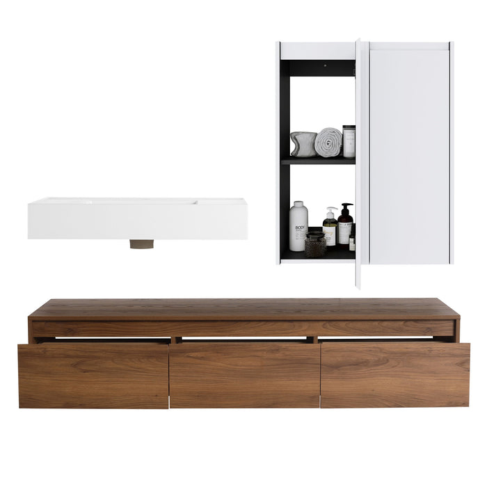 Wall Mounted Bathroom Vanity With Resin Sink And 2 Side Cabinet, 3 Soft Close Drawer - Brown Ebony
