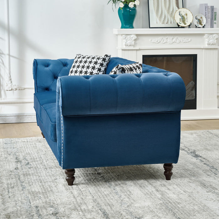 Chesterfield Velvet Fabric Sofa With Roll Armrest And Nailhead, Mid Century 2 Seater Couch In Blue