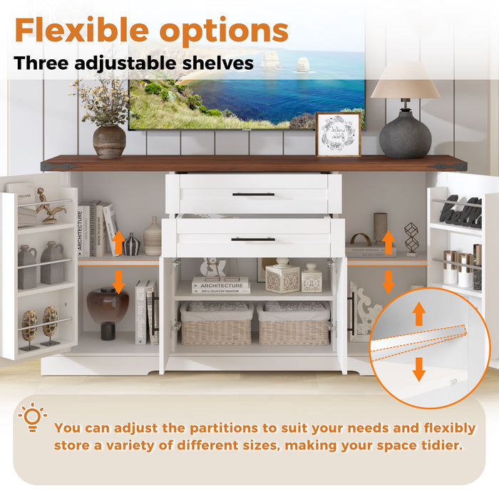 Barn Door Storage Cabinet With 2 Drawers & Door Rack, Adjustable Shelves
