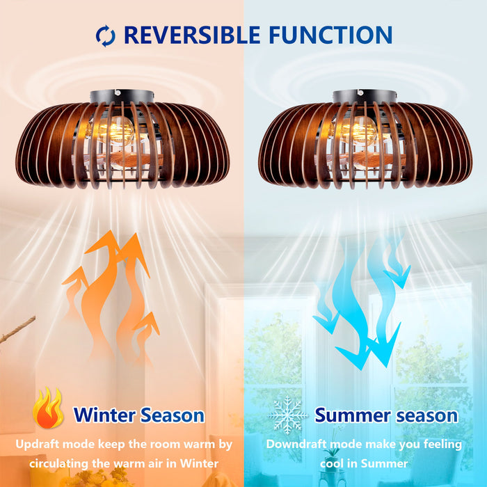 Semicircle Flush Mount Fan Light, (No Included Bulbs) And Remote Control, 6 Speeds, Quiet DC Motor For Living Room - Wood