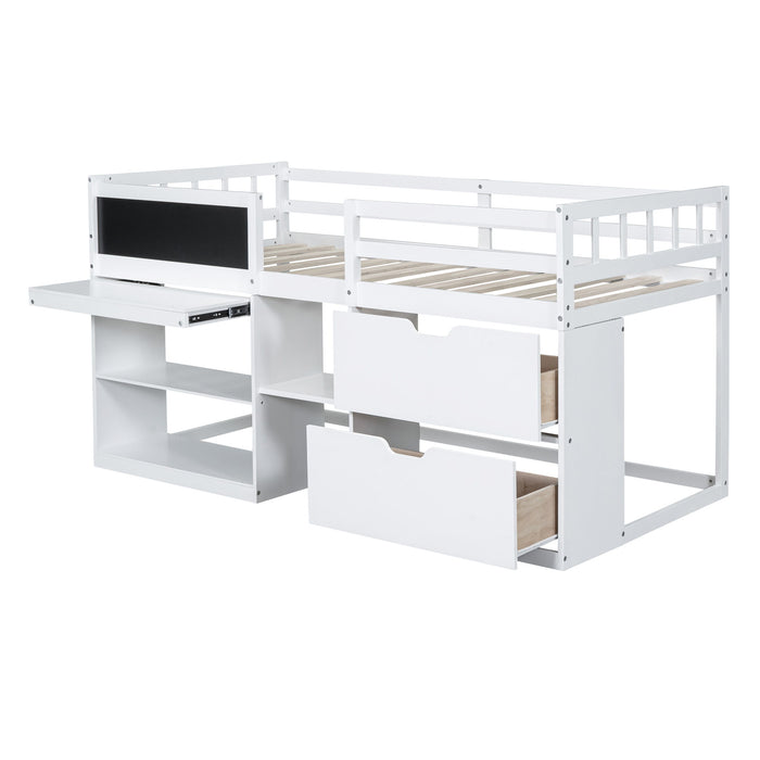 Low Loft Bed With Rolling Desk, Shelf And Drawers