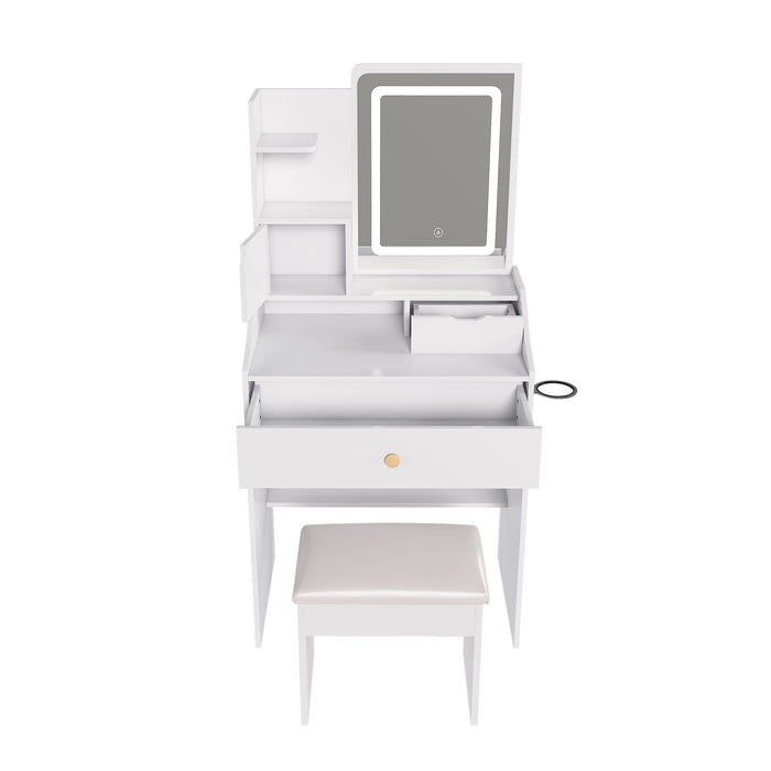3 Color LED Vanity Mirror With Stool, Dressing Table For Bedroom, 2 Drawers & 5 Storage Cabinets (4 Open + 1 Hidden), Adjustable Lighting - White