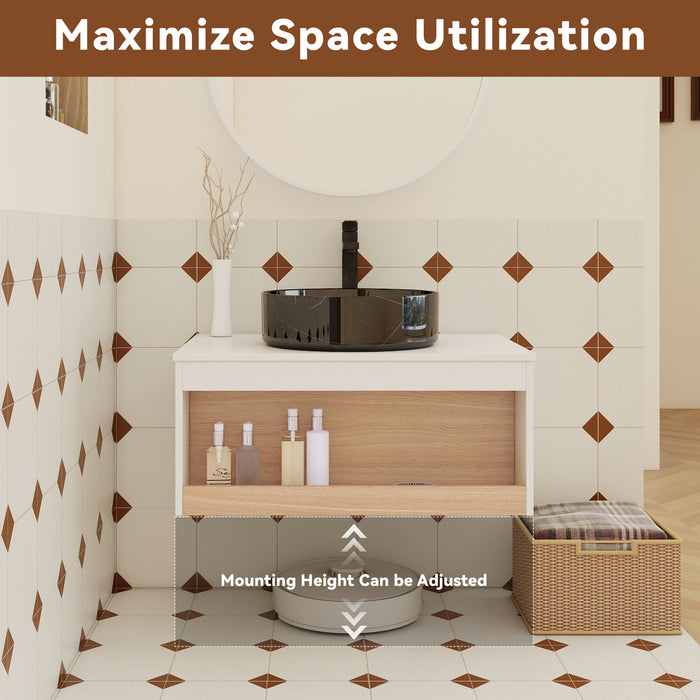 Floating Bathroom Vanity With Vessel Sink With Open Shelf Storage