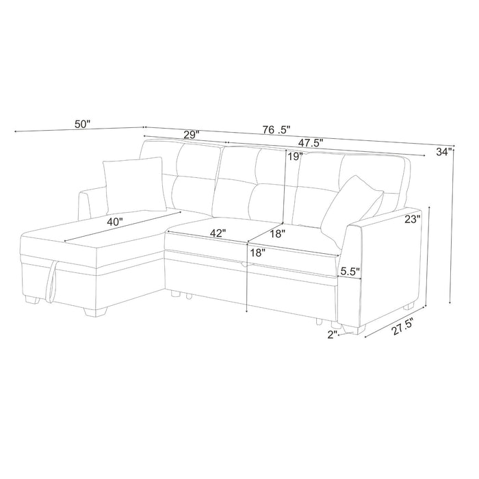 Upholstered Sectional & Pull Out Bed And Chaise Storage - Beige