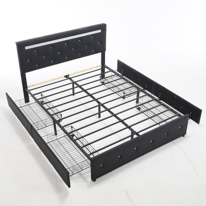 Upholstered Bed Frame With LED Lights, 4 Storage Drawers, Charging Station