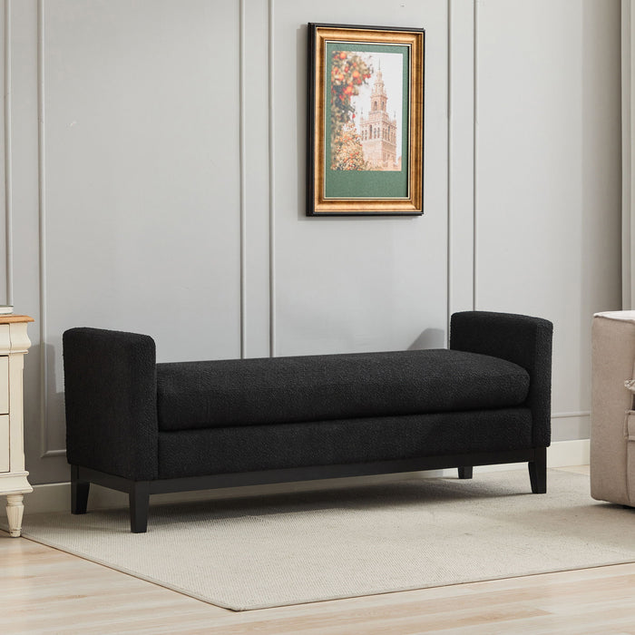 Elegant Upholstered Bench, Daybed, Ottoman With Wood Legs & 2 Bolster Pillows - Black Boucle