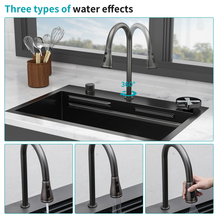 Drop In Waterfall Kitchen Sink With Pull Out Faucet & Cup Washer